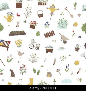 Vector seamless pattern with garden things, tools, flowers, herbs, plants. Repeat background with gardening equipment. Flat spring texture. Stock Vector