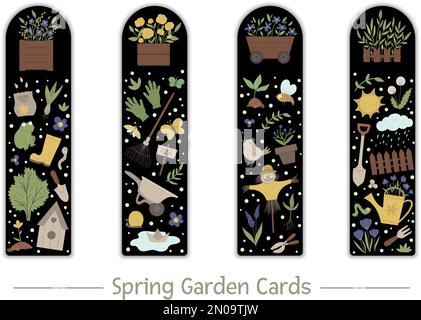 Vector set of garden bookmarks for children. Cute gardening tools, flowers, plants on black background.  Spring vertical layout card templates. Statio Stock Vector