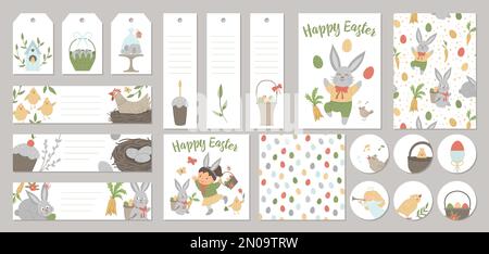 Set of vector Easter holiday card templates, gift tags, labels, pre-made designs, bookmarks with cute cartoon spring elements and characters. Funny fl Stock Vector