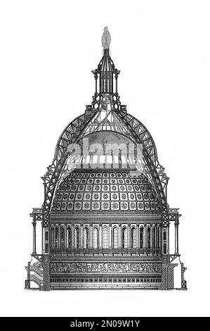 Antique illustration depicting the United States Capitol dome in Washington, D.C. The dome was designed by Thomas U. Walter and constructed between 18 Stock Photo