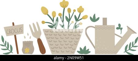 Vector illustration of colorful garden tools with flowers and plants. Flat style spring or summer picture isolated on white background. Gardening them Stock Vector