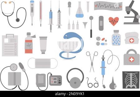 Set of vector flat medical icons. Medicine or health insurance, research collection. Healthcare and laboratory equipment isolated on white background. Stock Vector