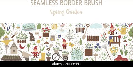 Vector spring garden seamless pattern brush. Gardening themed background. Repeating border with garden tools, flowers, plants isolated on white backgr Stock Vector