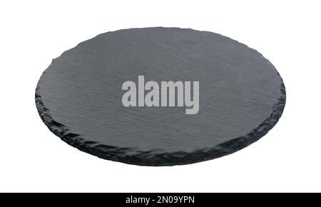 Selective focus of black slate round stone isolated on white background. Stock Photo