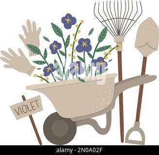 Vector illustration of colorful garden wheel barrow with violet flowers, rakes, spade, gloves. Cartoon style spring or summer picture isolated on whit Stock Vector