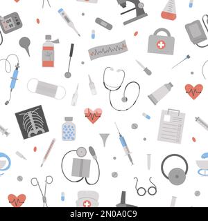 Vector seamless pattern with flat medical icons. Medicine or health insurance, research background. Healthcare and laboratory equipment digital paper. Stock Vector