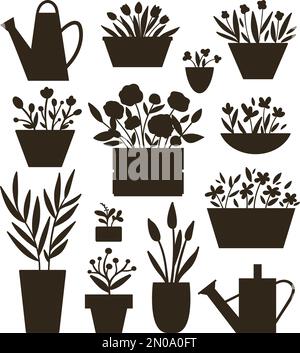 Vector illustration of plants in pots and beds with watering cans silhouettes . Flat trendy hand drawn set of houseplants for home gardening design. C Stock Vector