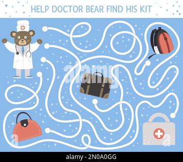 Medical maze for children. Preschool medicine activity. Funny puzzle game with cute doctor bear and lost first aid kit. Help the doctor find his bag. Stock Vector