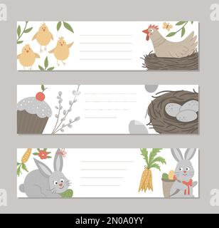 Set of vector Easter holiday horizontal layout card templates with cute cartoon spring elements and characters. Funny flat illustration Stock Vector