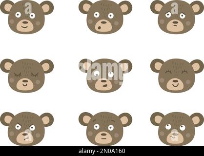 Vector bear faces with different emotions. Set of animal emoji stickers. Heads with funny expressions isolated on white background Stock Vector