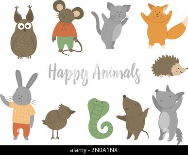 Set of vector happy animals. Cute funny characters isolated on white background. Flat design for kids. Stock Vector