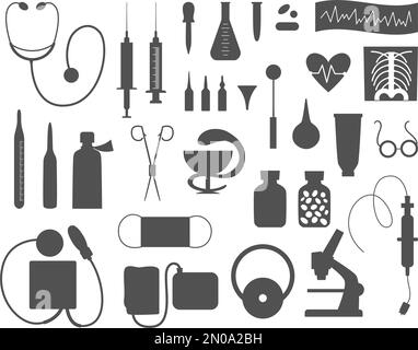 Set of vector flat medical silhouette icons. Medicine or health insurance, research collection. Healthcare and laboratory equipment isolated on white Stock Vector