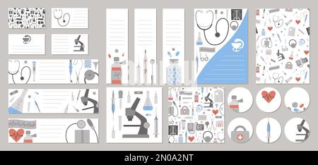 Set of vector medicine business card, tags, labels, pre-made designs, bookmarks with cute cartoon medical elements. Health care flat illustration. Bro Stock Vector