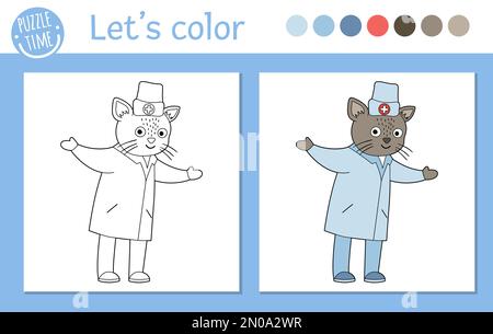 Medical coloring page for children. Vector outline animal doctor. Cute funny cat character. Hospital color book isolated on white background. Stock Vector