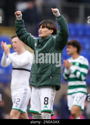 Celtic's Kyogo Furuhashi celebrates after the cinch Premiership match at McDiarmid Park, Perth. Picture date: Sunday February 5, 2023. Stock Photo