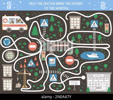 Medical maze for children on black background. Preschool medicine activity. Funny puzzle game with cute emergency car and clinic. Help the ambulance g Stock Vector