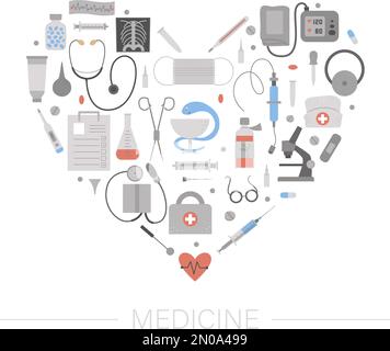 Vector frame with medical equipment and tools. Medicine elements banner design framed in heart shape. Cute funny health care, check or research card t Stock Vector