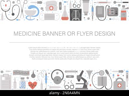 Vector horizontal layout frame with medical equipment and tools. Medicine elements banner design. Cute funny health care, check or research card templ Stock Vector