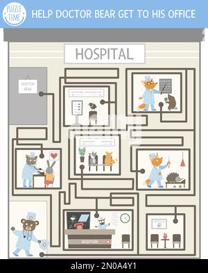 Medical adventure maze game for children with cute characters. Educational medicine labyrinth. Go through the hospital activity. Help doctor bear get Stock Vector