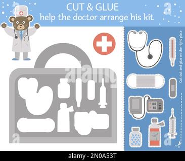 Vector medical cut and glue for children. Medicine educational activity with cute doctor bear and first aid kit with equipment. Help the doc arrange h Stock Vector