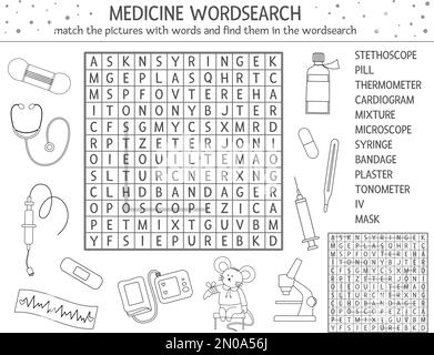 Vector health care outline wordsearch puzzle with pictures. Medicine quiz for children. Educational coloring page or crossword activity with cute medi Stock Vector