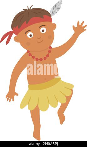Vector flat African or Papuan boy. Cute tropical, jungle, exotic summer character. Funny black skinned child with beads, feather and loin cloth Stock Vector