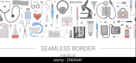 Vector seamless pattern brush with flat medical icons. Medicine or health insurance, research border background. Healthcare and laboratory equipment h Stock Vector