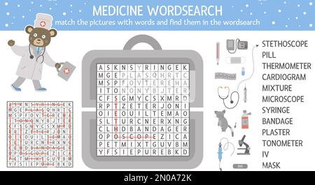 Vector health care wordsearch puzzle with pictures. Medicine quiz for children. Educational crossword activity with cute medical equipment and doctor Stock Vector