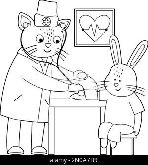 Vector outline animal doctor treating patient. Squirrel checking mole’s