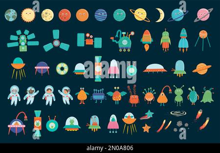Big vector set of space elements for children. Collection of flat style spaceship, satellite, spacecraft, planets, astronauts, star, ufo, aliens, come Stock Vector