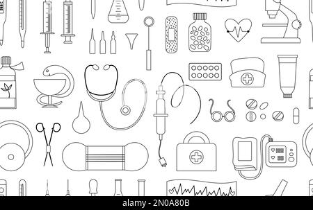 Vector seamless pattern with flat medical line icons. Medicine or health insurance, research outline background. Healthcare and laboratory equipment d Stock Vector