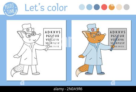 Medical coloring page for children. Vector outline animal doctor. Cute funny fox character. Hospital color book isolated on white background. Stock Vector