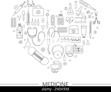 Vector frame with medical equipment and tools outlines. Medicine line elements banner design framed in heart shape. Cute funny health care, check or r Stock Vector
