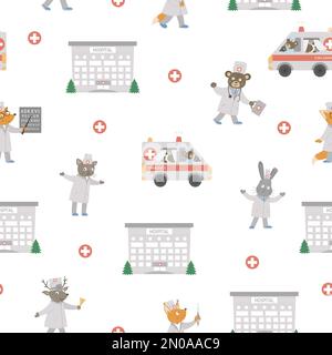 Vector medical seamless pattern with animals. Cute funny hospital building, ambulance car, reception hall, doctor, patients background. Health care di Stock Vector