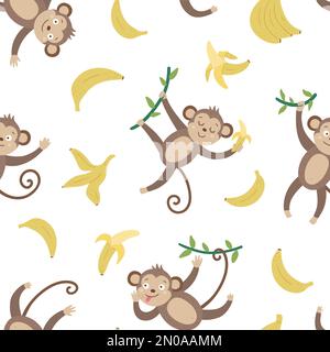 Vector seamless pattern with cute monkeys and bananas. Funny tropical animals and fruit digital paper. Bright flat background for children. Jungle sum Stock Vector