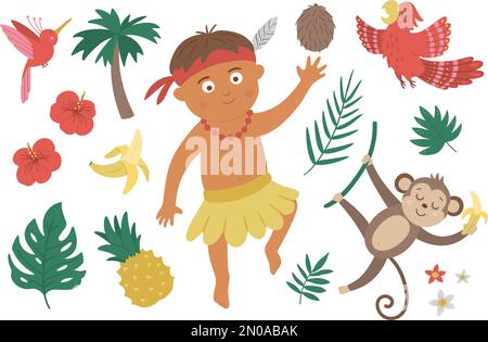 Vector flat African or Papuan boy with birds, flowers, fruits, monkey. Cute tropical, jungle, exotic set of elements. Funny summer clip art collection Stock Vector