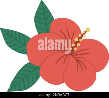 Vector tropical composition with red hibiscus and green leaves isolated on white background. Bright flat style exotic design element. Summer floral cl Stock Vector