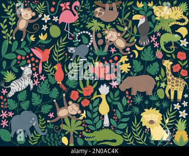Vector background with cute exotic animals, leaves, flowers, fruits. Funny tropical scene with birds and plants. Bright flat illustration for children Stock Vector