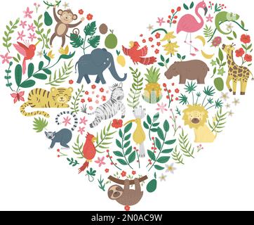 Vector frame with cute exotic animals, leaves, flowers, fruits isolated on white background. Funny banner design with tropical birds and plants framed Stock Vector