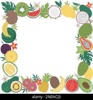 Vector square frame with tropical fruit and berries with slices and halves. Jungle foliage banner design. Cute funny card template with exotic plants. Stock Vector
