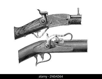 Antique engraving of rifles from XIX century - long guns, flintlock ...