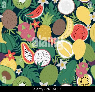 Vector seamless pattern with tropical fruit and berries with slices and halves. Jungle foliage background. Hand drawn flat exotic plants texture. Brig Stock Vector