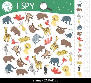 Tropical I spy game for kids. Exotic searching and counting activity for preschool children with cute animals. Funny jungle game for kids. Logical qui Stock Vector