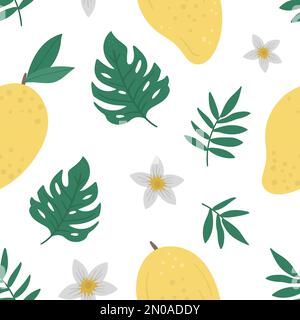 Vector mango seamless pattern. Jungle fruit repeat background. Hand drawn flat exotic texture. Bright childish healthy tropical summer food digital pa Stock Vector