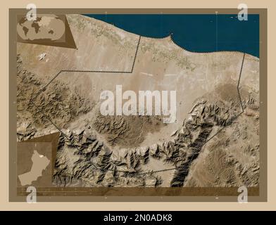 Al Batinah South, region of Oman. Low resolution satellite map. Corner auxiliary location maps Stock Photo