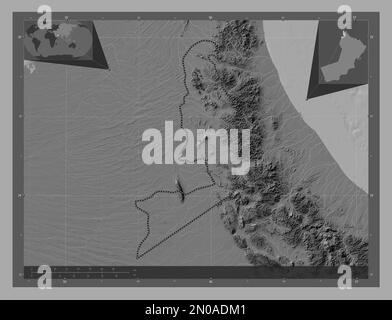 Al Buraymi, region of Oman. Bilevel elevation map with lakes and rivers. Locations of major cities of the region. Corner auxiliary location maps Stock Photo