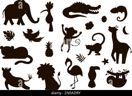 Vector cute exotic animals, leaves, flowers, fruits silhouettes isolated on white background. Funny tropical birds and plants black illustration. Jung Stock Vector