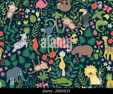 Vector seamless Pattern with cute exotic animals, leaves, flowers, fruits. Funny tropical repeat background with birds and plants. Bright flat illustr Stock Vector