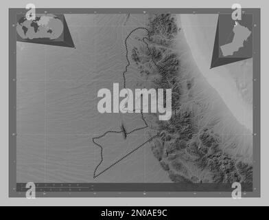 Al Buraymi, region of Oman. Grayscale elevation map with lakes and rivers. Locations of major cities of the region. Corner auxiliary location maps Stock Photo