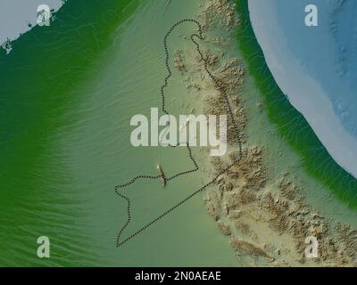 Al Buraymi, region of Oman. Colored elevation map with lakes and rivers Stock Photo